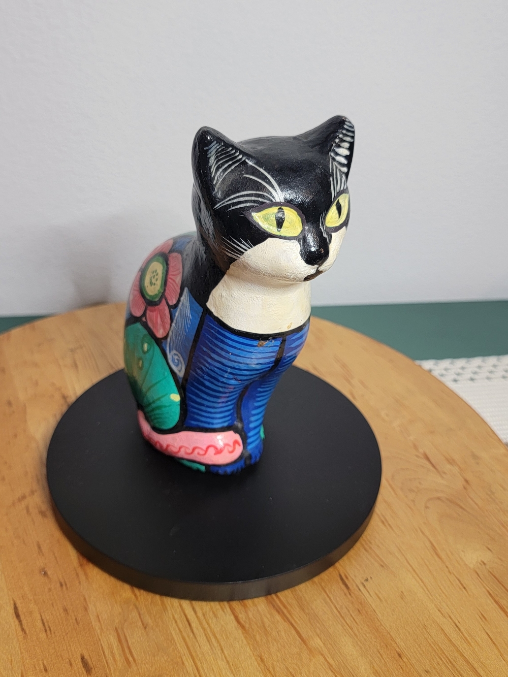 Hand-Painted Wooden Cat Figurine Black White Floral Pattern Approx 6 in church!